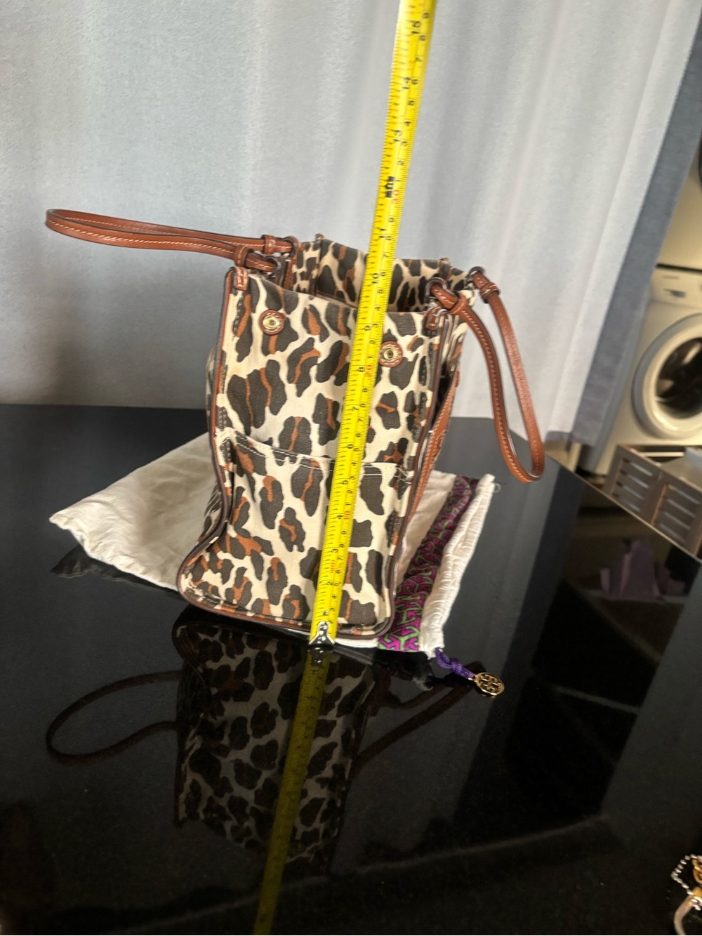 Authentic Tory Burch Ella Leopard Print Leather-Trim canvas Tote - Brown/Cream - Picture 11 of 16